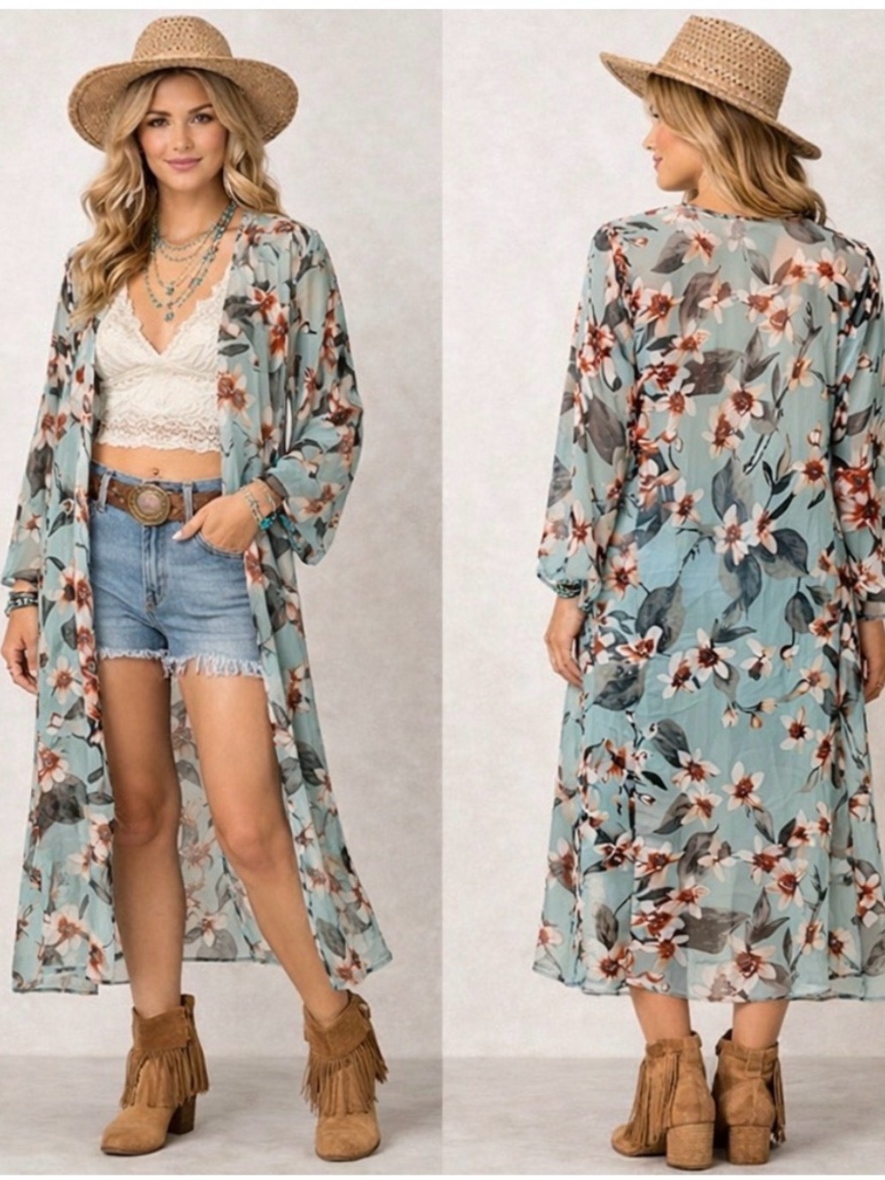 Pinkblush Sheer Floral Sage Kimono Duster